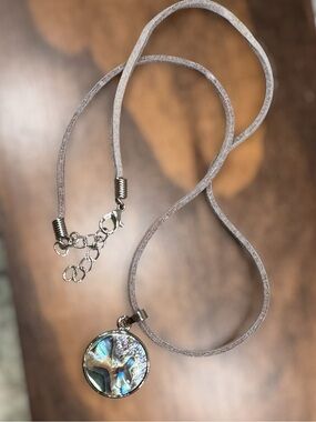 Abalone Disc Pendant Necklace with Gray Suede cord